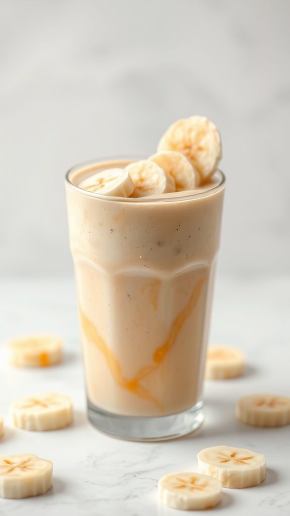 A glass of peanut butter banana smoothie topped with banana slices.