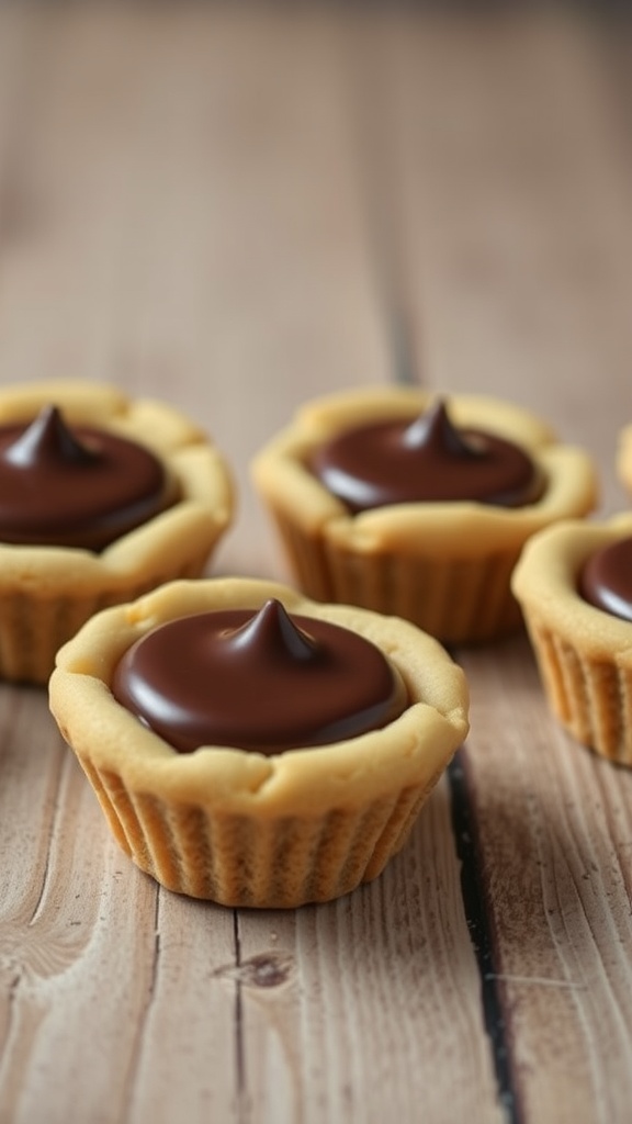 Peanut butter cookie cups with chocolate topping on a wooden surface