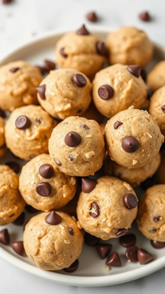A plate filled with peanut butter protein balls topped with chocolate chips.