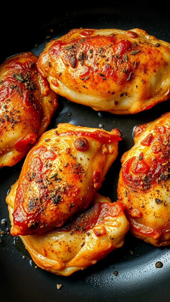 Perfectly cooked chicken breasts in a pan.