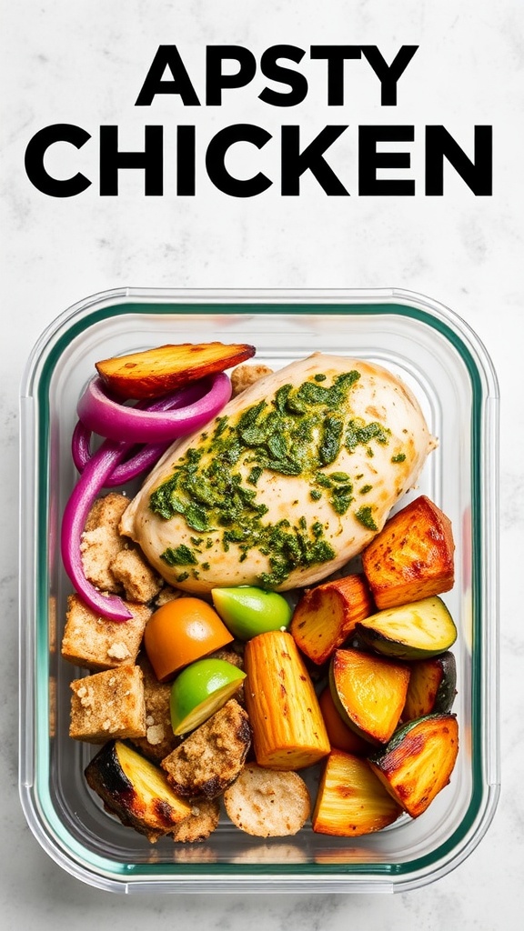 A meal prep container with pesto chicken and mixed vegetables