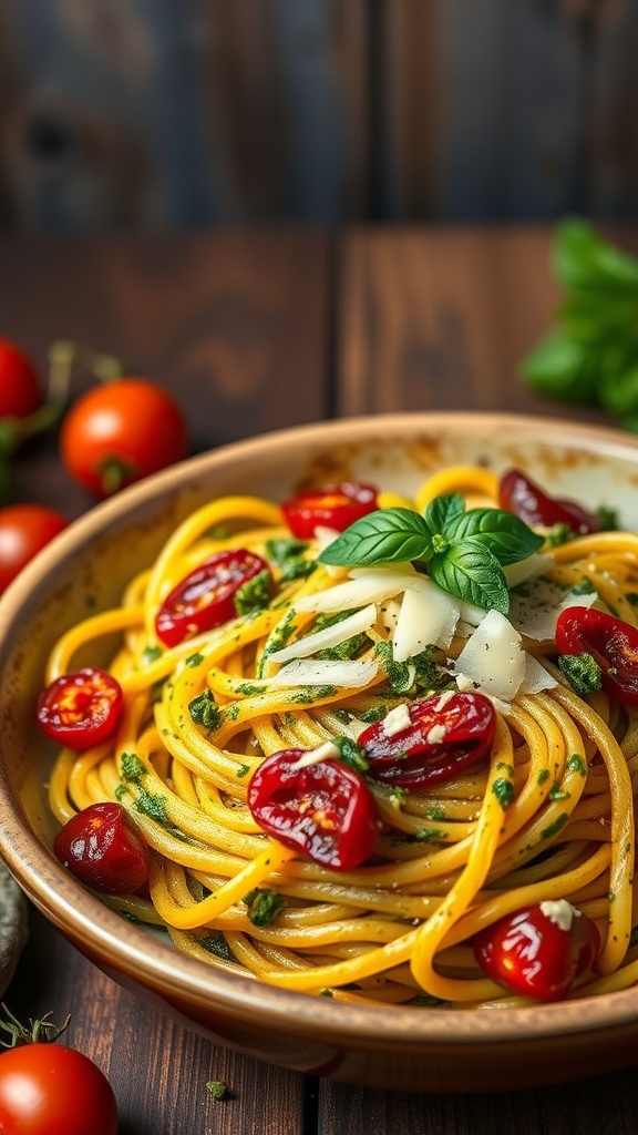 A bowl of pesto pasta topped with sun-dried tomatoes and fresh basil