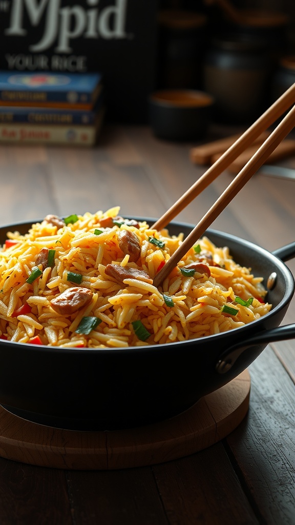 A bowl of pork fried rice with vibrant colors and chopsticks resting on the side.