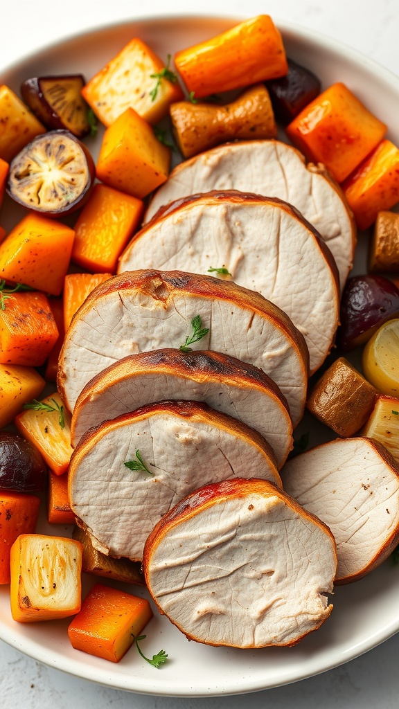 Sliced pork tenderloin served with an assortment of roasted vegetables.