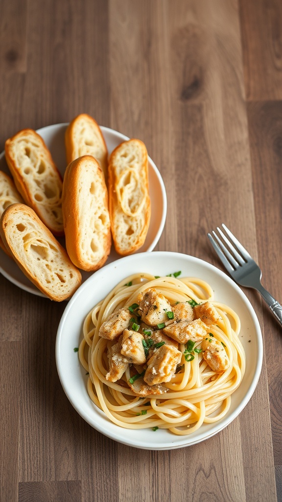 A plate of garlic parmesan chicken pasta with homemade garlic bread on the side.