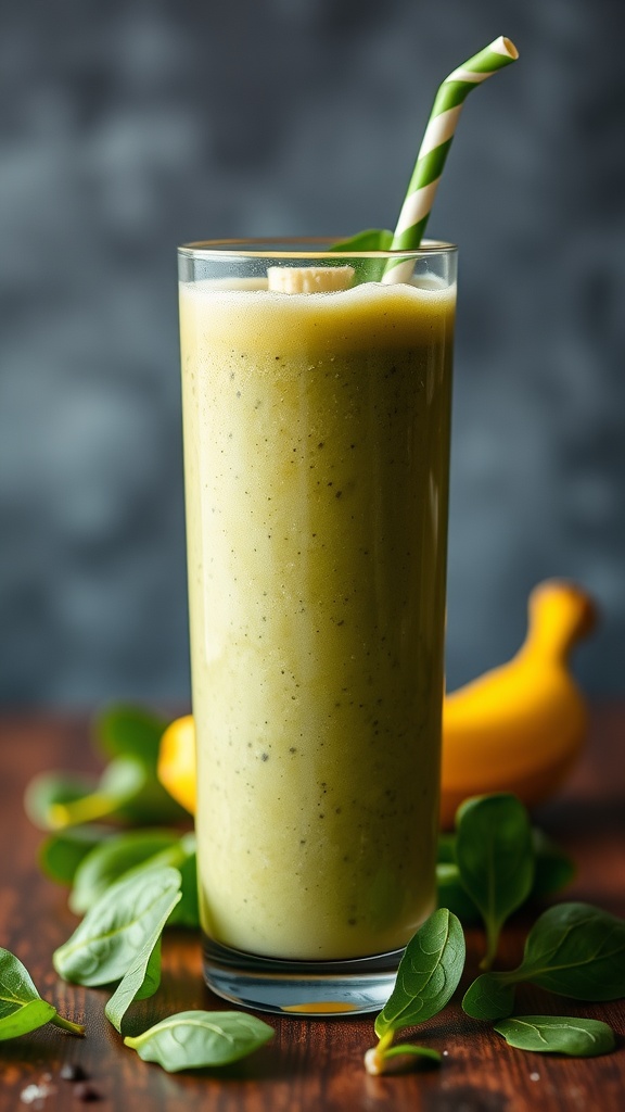 A glass of protein-packed smoothie with spinach and banana.