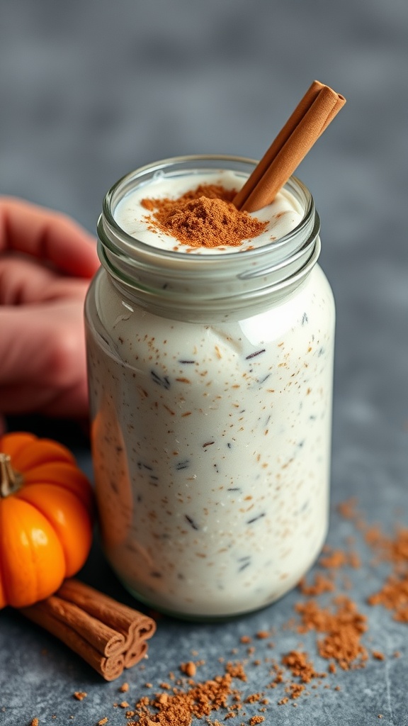 A jar of pumpkin spice overnight oats topped with cinnamon and garnished with cinnamon sticks and mini pumpkins.