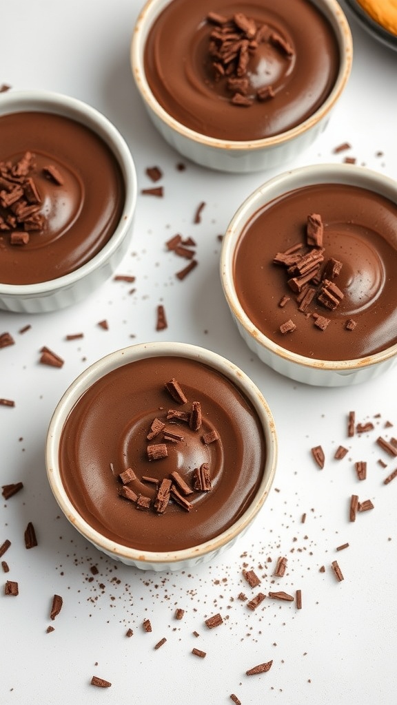 Delicious chocolate pudding served in small bowls, topped with chocolate shavings.