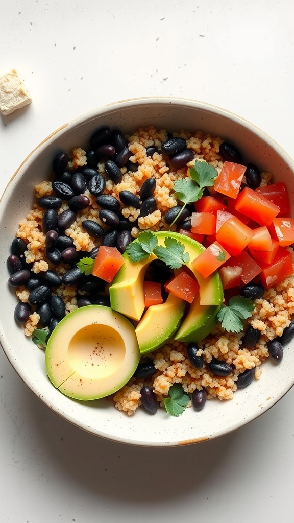 A quinoa and black bean bowl topped with avocado, tomatoes, and cilantro.