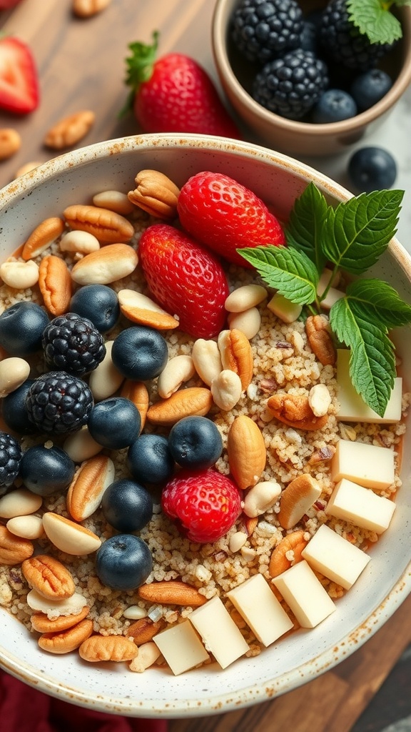 A colorful quinoa breakfast bowl topped with nuts and fresh berries.