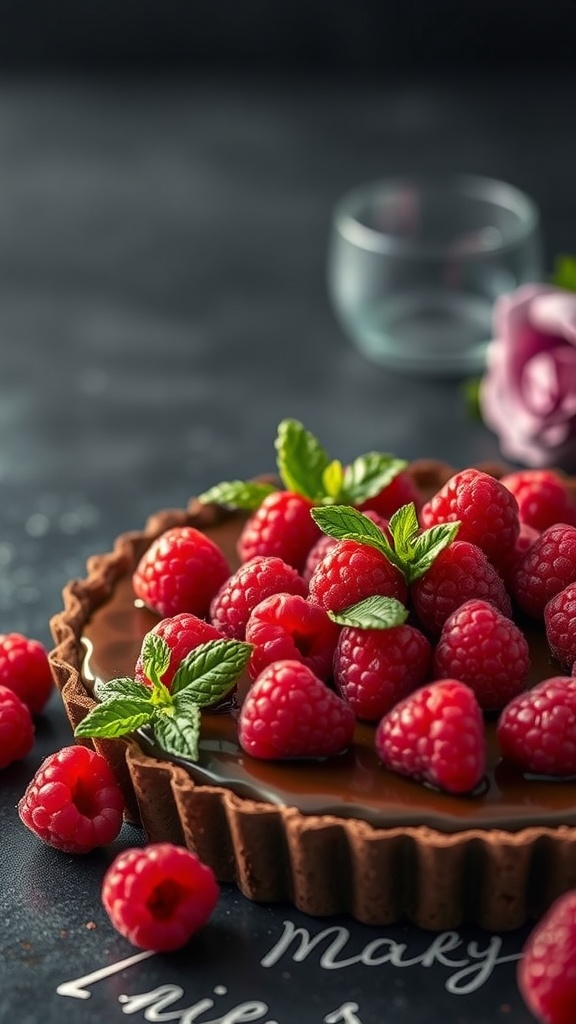 Delicious Raspberry Chocolate Tart topped with fresh raspberries and mint leaves