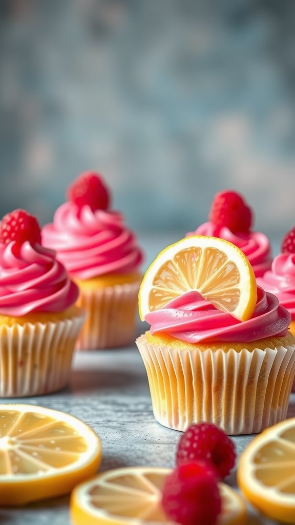 Colorful raspberry lemonade cupcakes with lemon slices and raspberries on top.