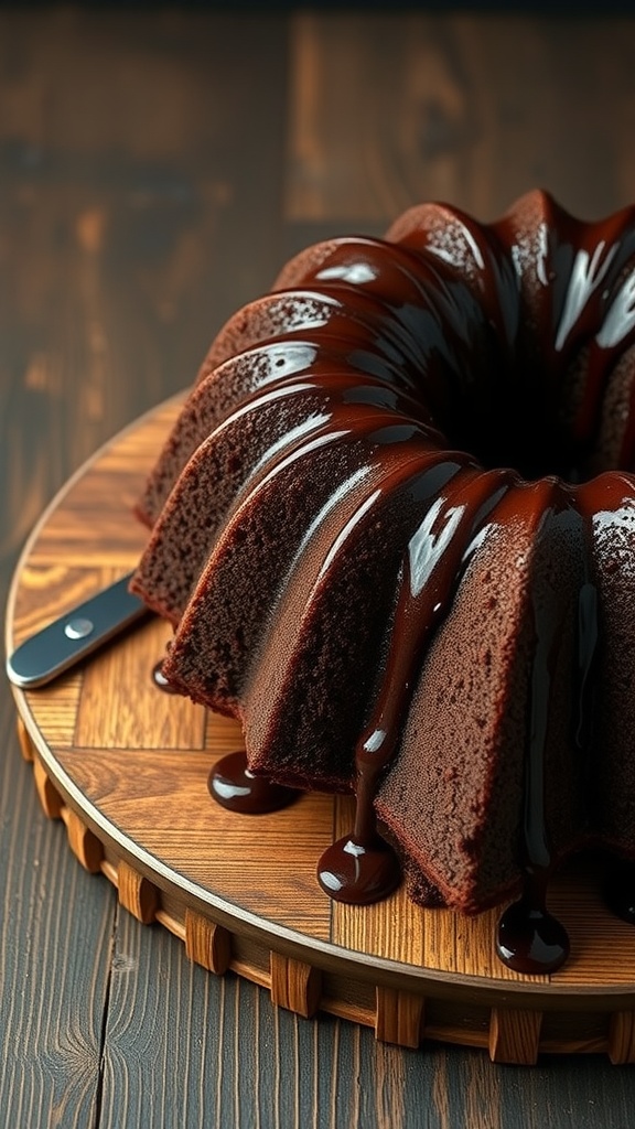 A rich chocolate bundt cake with chocolate ganache drizzled on top