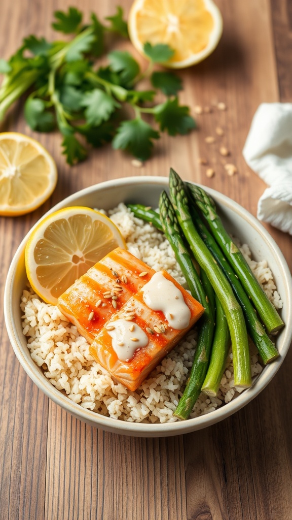 Salmon and asparagus rice bowl with lemon and herbs on a wooden table.