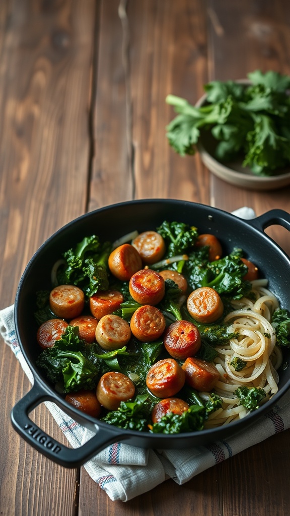 A skillet filled with sausage and kale, served with pasta on a wooden table.