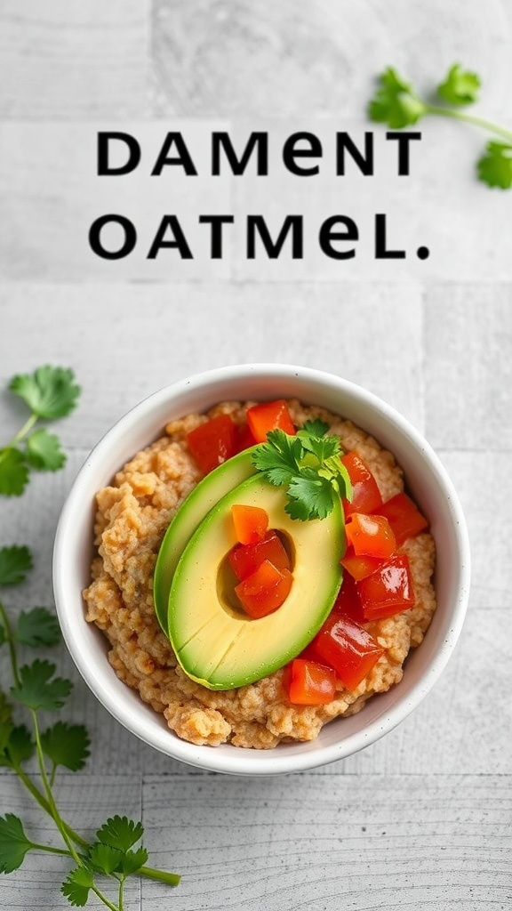 Bowl of savory oatmeal topped with avocado and salsa, garnished with cilantro.