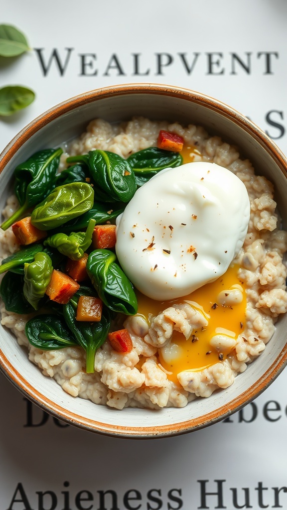 Bowl of savory oatmeal with spinach and a poached egg on top.