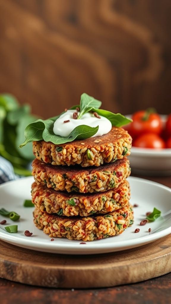 Savory quinoa cakes with spinach stacked with a dollop of yogurt on top