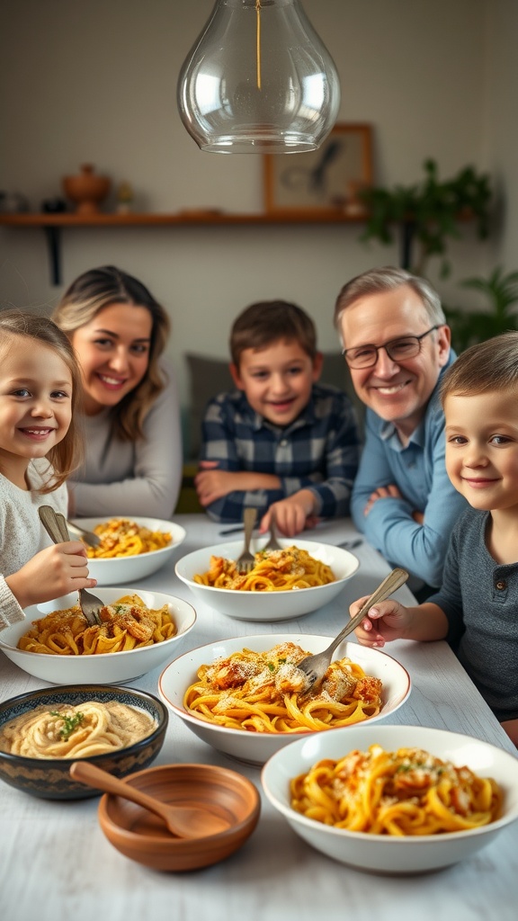 A family enjoying garlic parmesan chicken pasta at a dinner table.