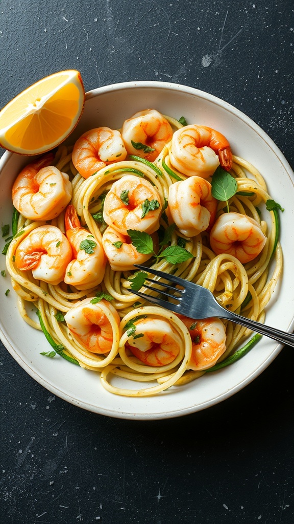 A delicious plate of shrimp and zucchini noodles with a lemon wedge.