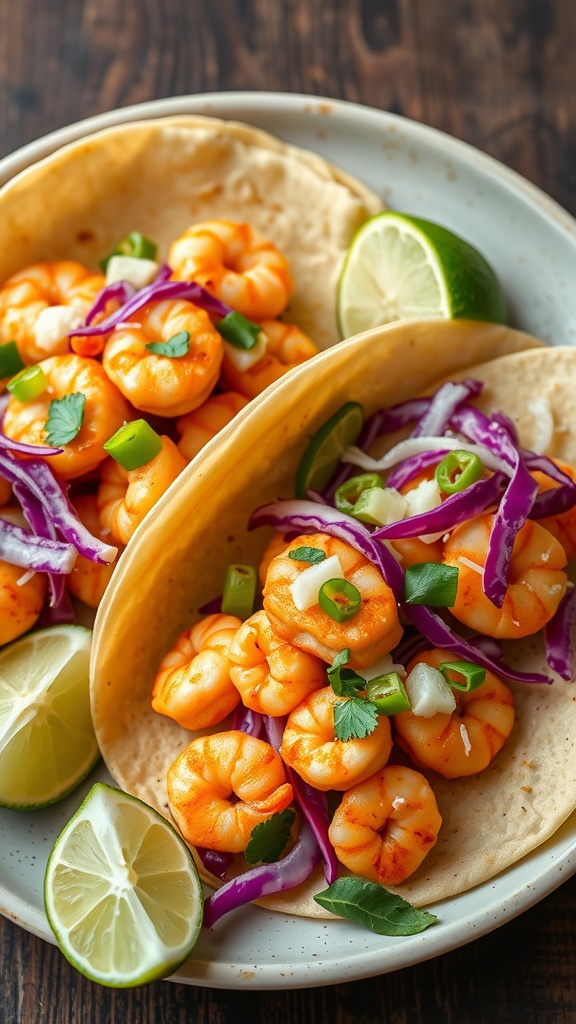 Delicious shrimp tacos with cabbage slaw and lime wedges