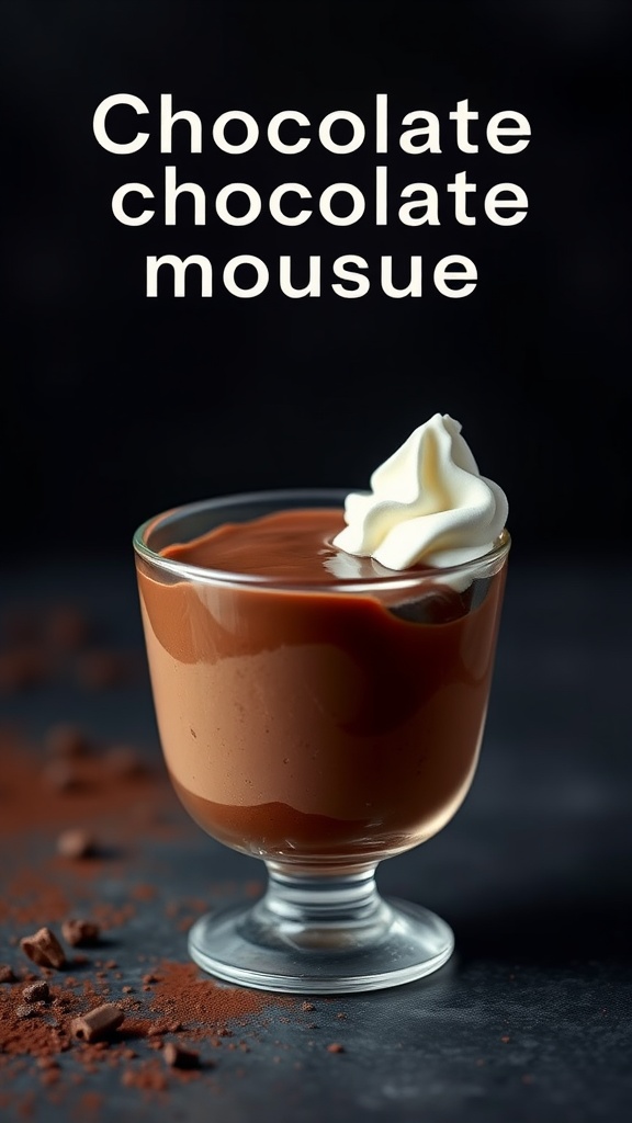 A glass of chocolate mousse topped with whipped cream and surrounded by cocoa powder.
