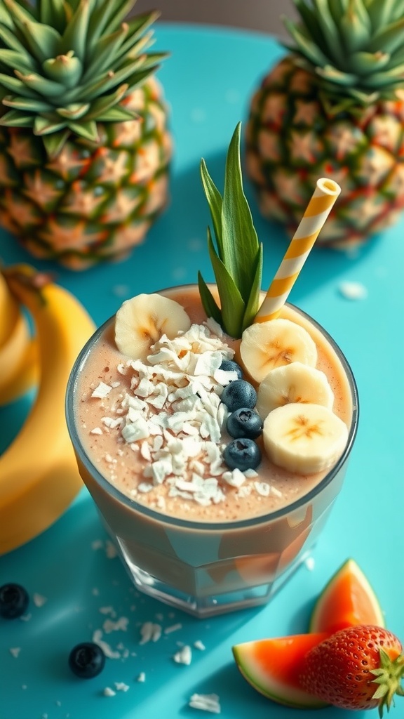 A vibrant smoothie bowl topped with tropical fruits and granola.