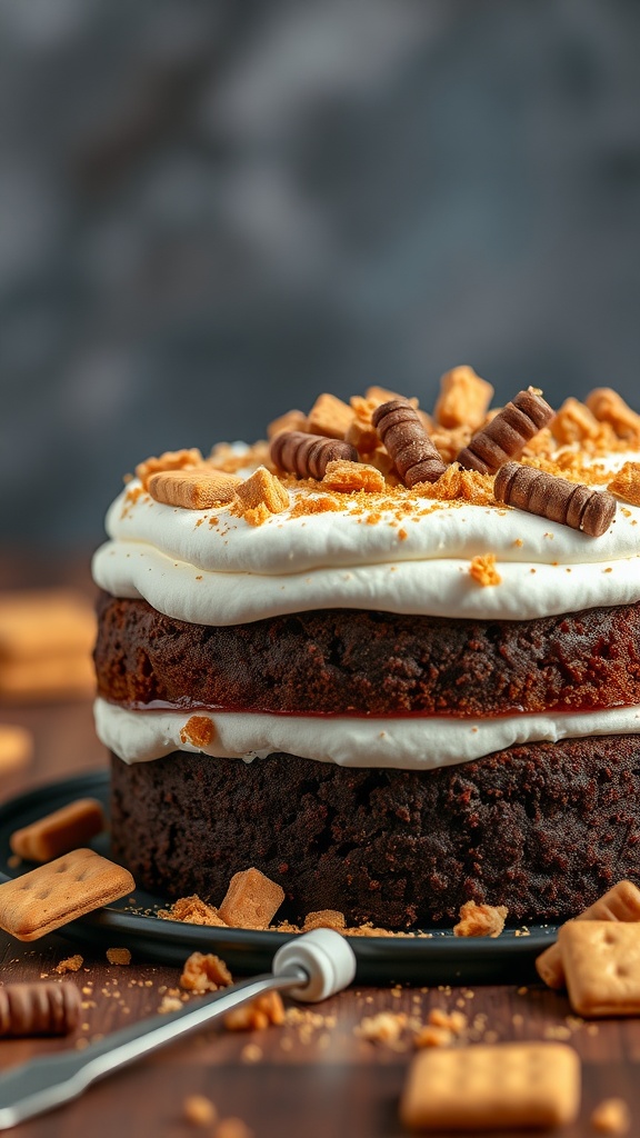 A delicious S'mores Chocolate Cake topped with whipped cream, crushed graham crackers, and chocolate.