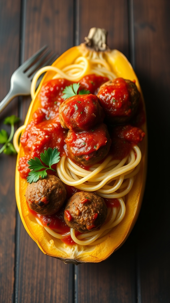 A delicious bowl of spaghetti squash topped with meatballs and marinara sauce.