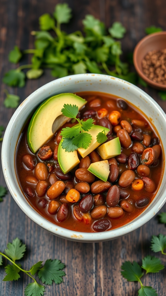 A bowl of spicy black bean chili topped with avocado and cilantro.