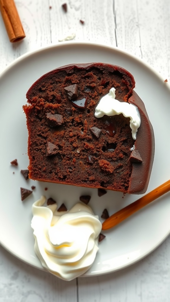 A slice of spicy Mexican chocolate cake with whipped cream on a plate.