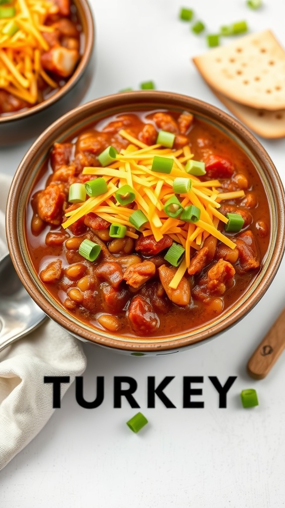 Bowl of spicy turkey chili topped with cheese and green onions