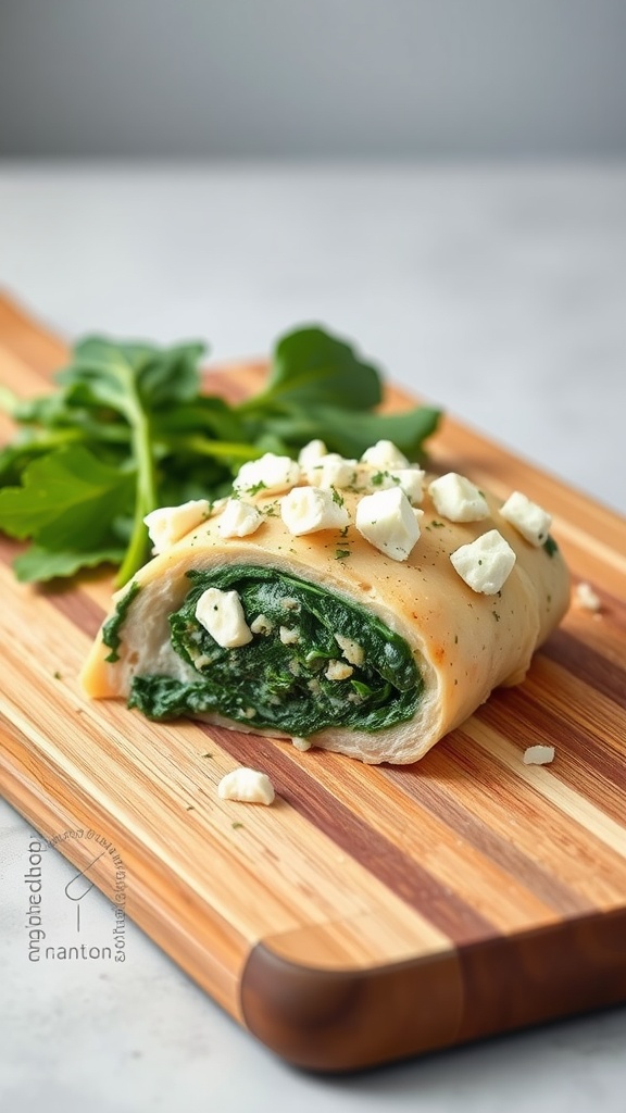 Spinach and feta stuffed chicken on a cutting board