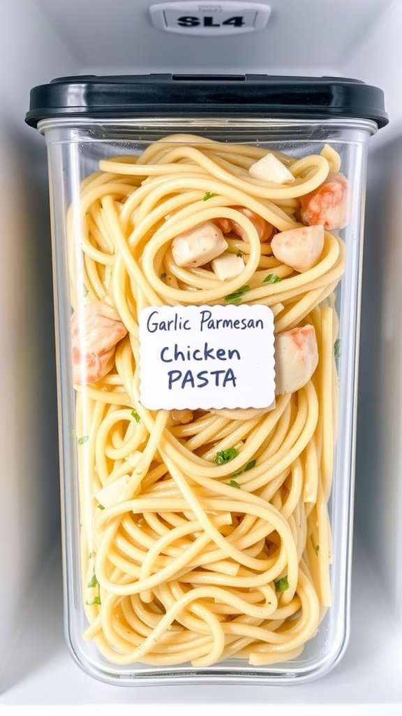 A container of garlic parmesan chicken pasta stored in a refrigerator.