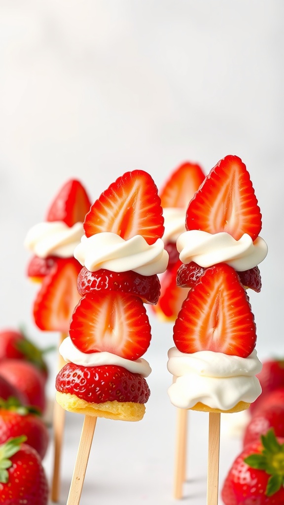 Skewers of strawberry shortcake featuring strawberries, whipped cream, and cake