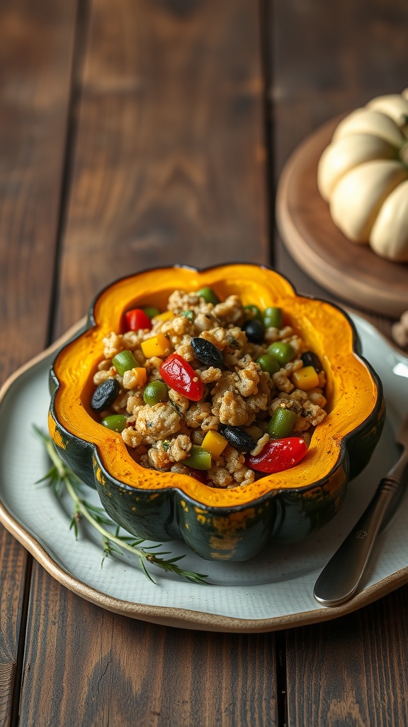 A beautifully arranged stuffed acorn squash filled with colorful vegetables and grains.