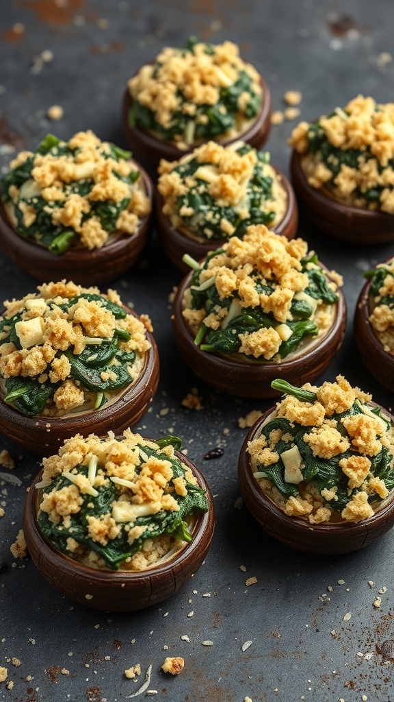 Delicious stuffed portobello mushrooms filled with spinach and topped with a crumble.