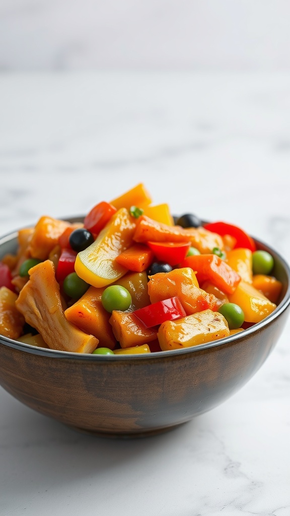A bowl of sweet and sour chicken with colorful vegetables.