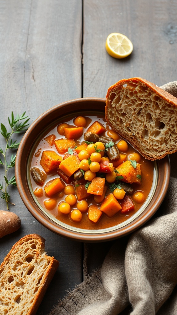 A bowl of sweet potato and chickpea stew served with bread on the side.
