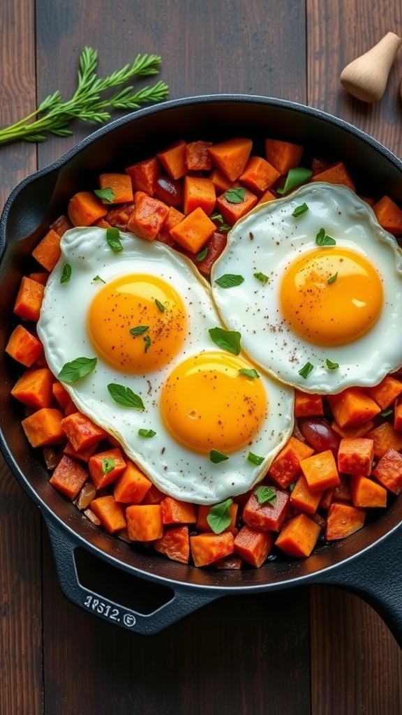 A skillet filled with sweet potato hash topped with eggs.