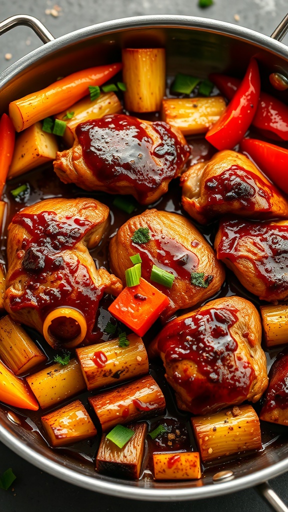 A close-up of teriyaki chicken with colorful vegetables in a pot.