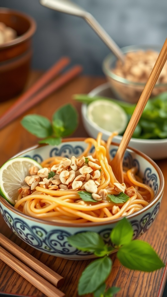 Bowl of Thai peanut noodles topped with chopped peanuts and fresh herbs