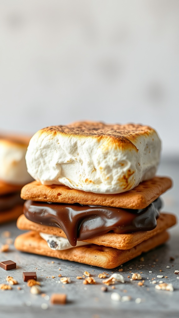A stack of toasted marshmallow s'mores with melted chocolate and graham crackers.