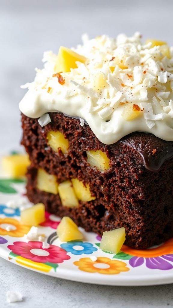 A slice of Tropical Chocolate Pineapple Cake garnished with whipped cream and coconut.