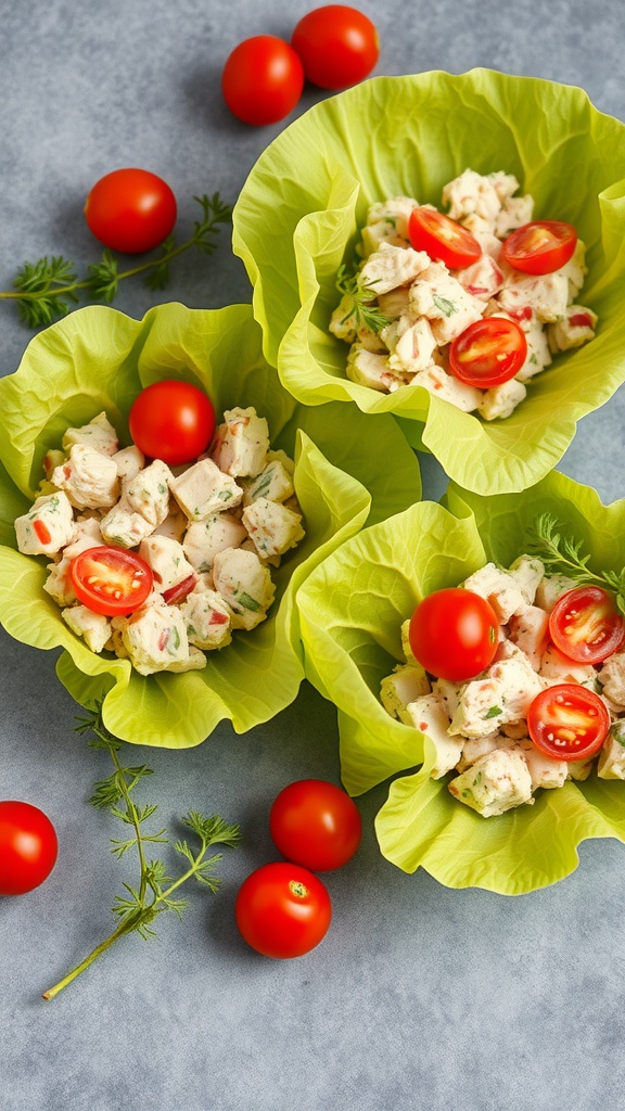 Tuna salad in lettuce cups topped with cherry tomatoes