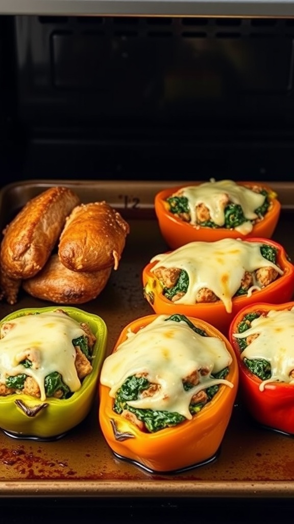 Baked turkey and spinach stuffed peppers topped with melted cheese on a baking tray.