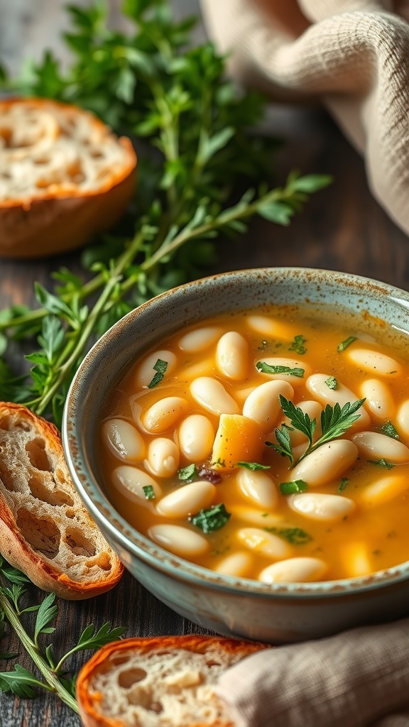 A bowl of Tuscan White Bean Soup with fresh herbs and crusty bread on the side.