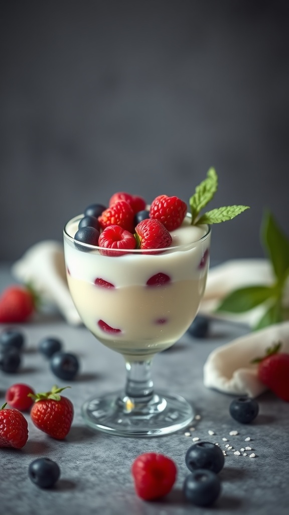 A glass of vanilla bean panna cotta topped with fresh raspberries and blueberries.