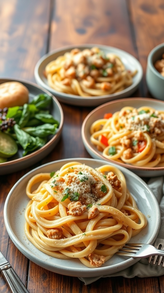 A delicious plate of garlic parmesan chicken pasta with fresh ingredients and a side of salad.