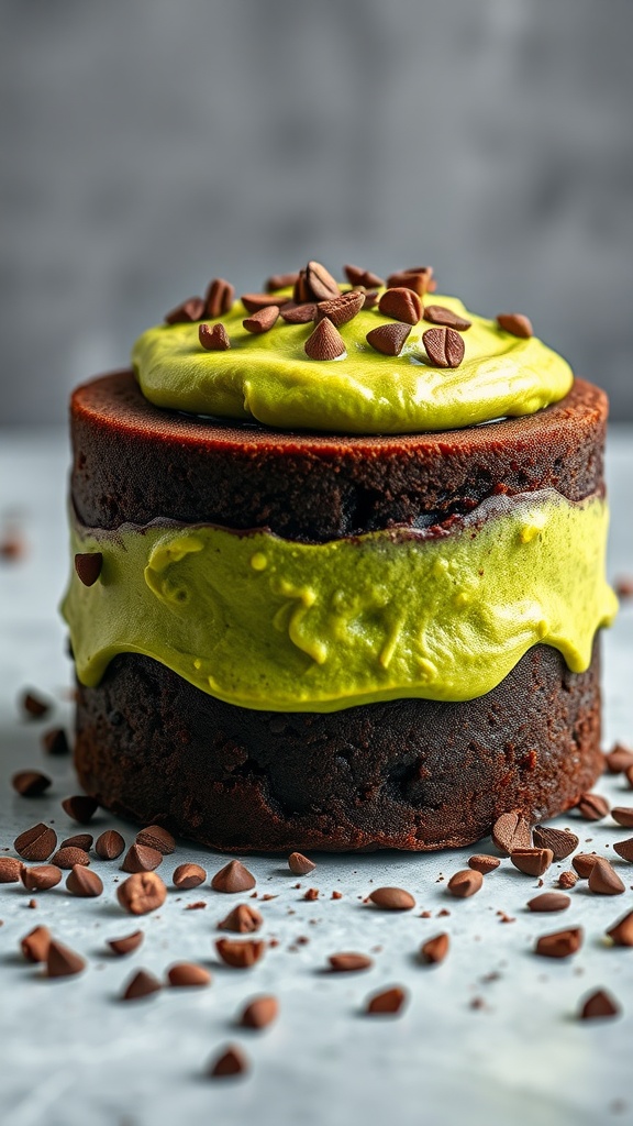 A delicious vegan chocolate cake topped with creamy avocado frosting and chocolate chips.